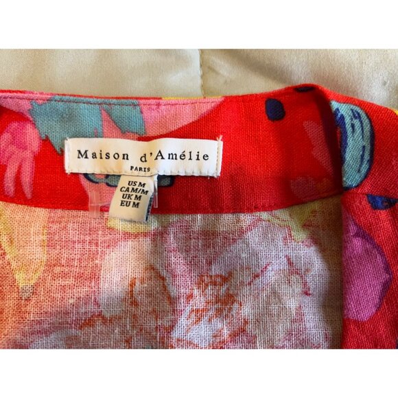 Maison D’Amelie LINEN Tie Front Blouse Womens M Red Floral Abstract Boho Cropped - Picture 5 of 7